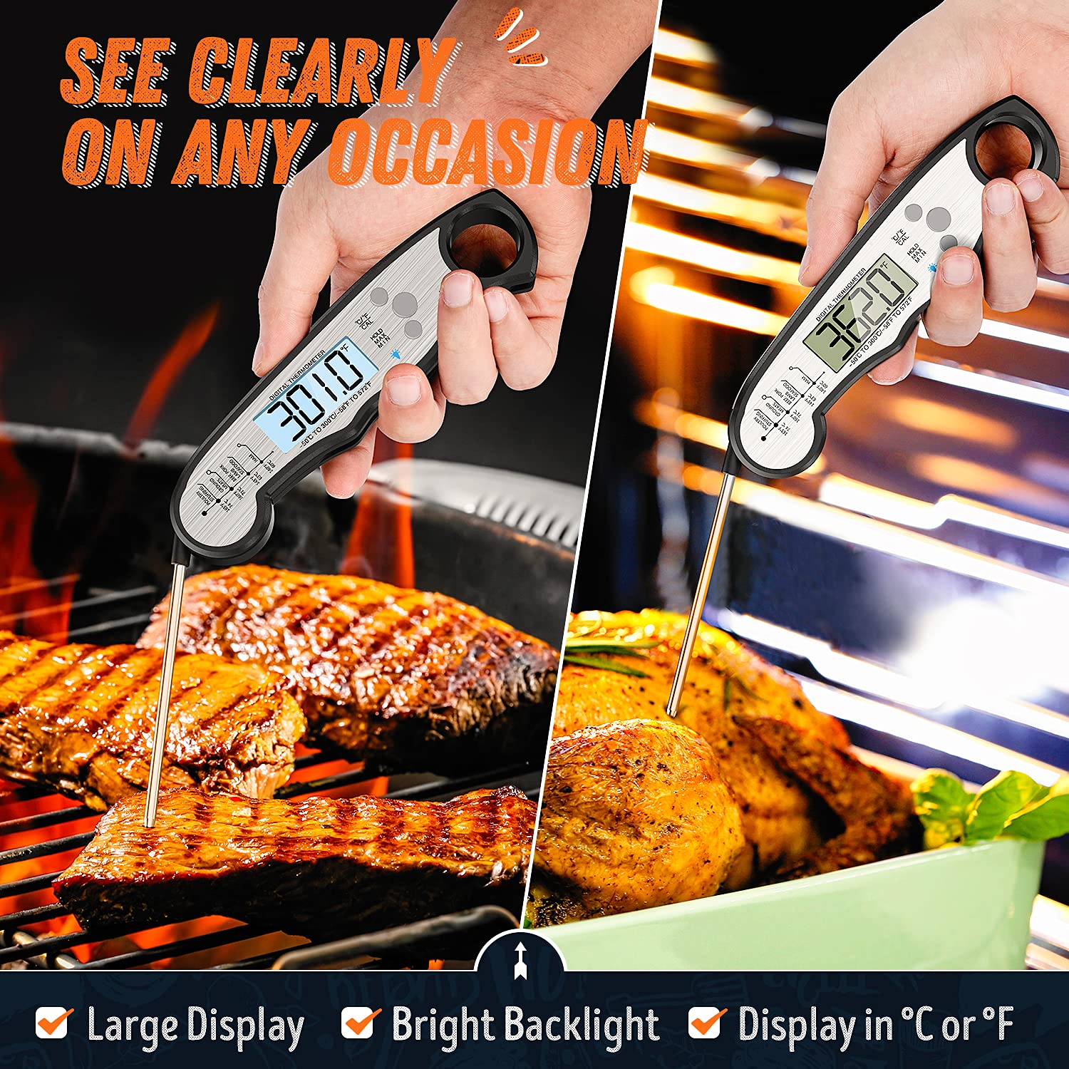 Digital Meat Thermometer, Waterproof Instant Read Food Thermometer For Cooking And Grilling, Kitchen Gadgets, Accessories With B
